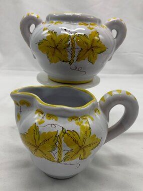 Hand-Painted Italy 68299 Ceramic Creamer & Sugar Bowl Set Yellow Floral Signed